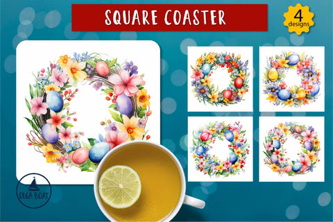 Watercolor Easter wreath coasters Easter sublimation design Sublimation Olga Boat Design 