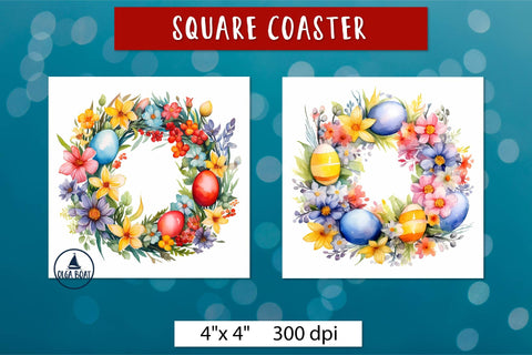 Watercolor Easter wreath coasters Easter sublimation design Sublimation Olga Boat Design 