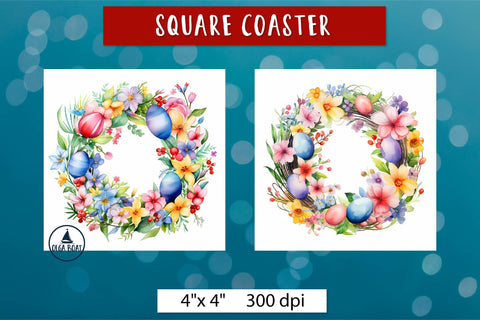 Watercolor Easter wreath coasters Easter sublimation design Sublimation Olga Boat Design 