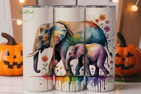 Watercolor Elephant Family Tumbler Wrap Sublimation PixelChick 