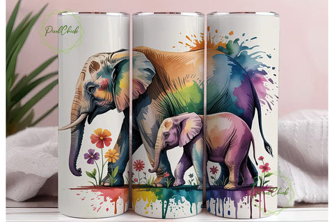 Watercolor Elephant Family Tumbler Wrap Sublimation PixelChick 