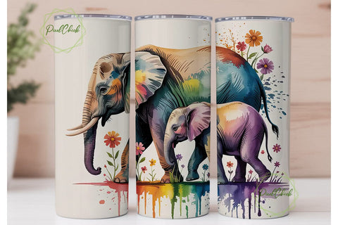Watercolor Elephant Family Tumbler Wrap Sublimation PixelChick 