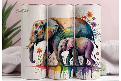Watercolor Elephant Family Tumbler Wrap Sublimation PixelChick 