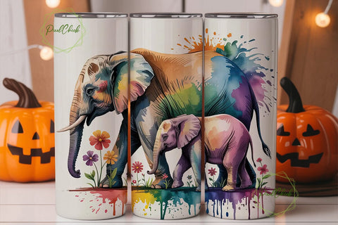 Watercolor Elephant Family Tumbler Wrap Sublimation PixelChick 