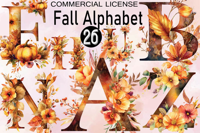 Watercolor Fall Alphabet Clipart Bundle. Sublimation SVGArt 