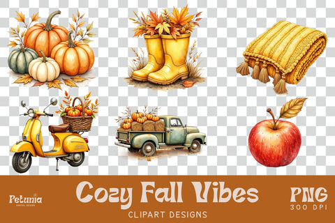 Watercolor Fall Clipart Bundle | Cozy Autumn PNG Sublimation Petunia Digital Design 