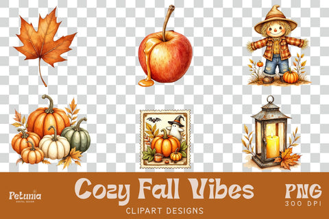 Watercolor Fall Clipart Bundle | Cozy Autumn PNG Sublimation Petunia Digital Design 