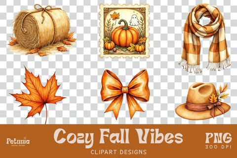 Watercolor Fall Clipart Bundle | Cozy Autumn PNG Sublimation Petunia Digital Design 