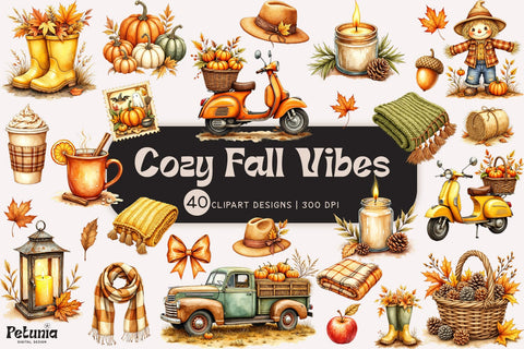 Watercolor Fall Clipart Bundle | Cozy Autumn PNG Sublimation Petunia Digital Design 
