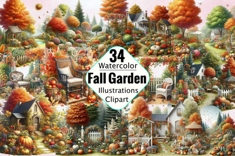Watercolor Fall Garden Sublimation Clipart Bundle Sublimation SVGArt 