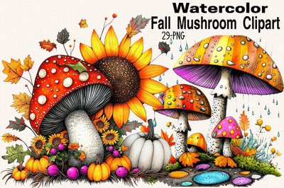Watercolor Fall Mushroom Clipart Bundle. Sublimation SVGArt 