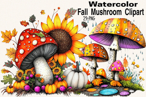 Watercolor Fall Mushroom Clipart Bundle. Sublimation SVGArt 