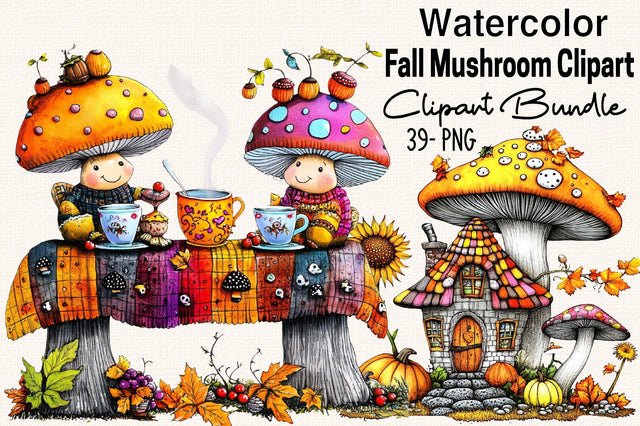 Watercolor Fall Mushroom Clipart Bundle. Sublimation SVGArt 