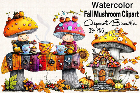 Watercolor Fall Mushroom Clipart Bundle. Sublimation SVGArt 