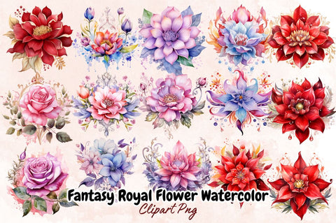 Watercolor Fantasy Royal Flower Clipart Bundle Sublimation Designangry 