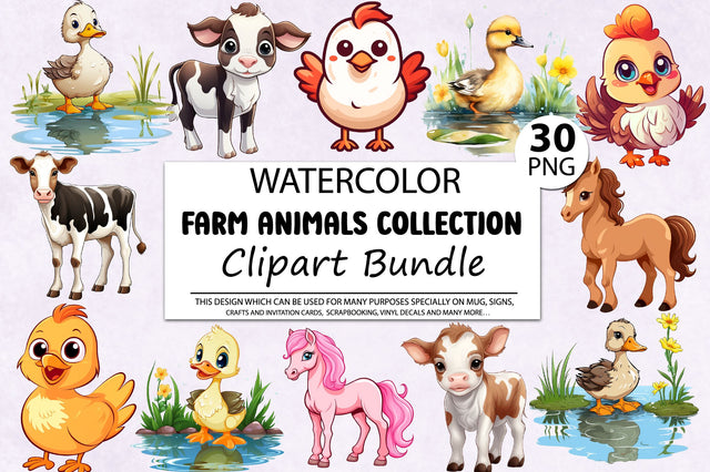 Watercolor Farm Animals Clipart Bundle Sublimation Regulrcrative 