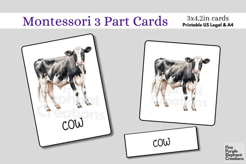 Watercolor Farm Animals Flashcards | Preschool Montessori Cards Digital Pattern Fine Purple Elephant Creations 