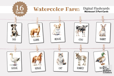 Watercolor Farm Animals Flashcards | Preschool Montessori Cards Digital Pattern Fine Purple Elephant Creations 