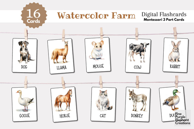 Watercolor Farm Animals Flashcards | Preschool Montessori Cards Digital Pattern Fine Purple Elephant Creations 