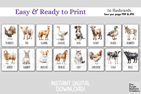 Watercolor Farm Animals Flashcards | Preschool Montessori Cards Digital Pattern Fine Purple Elephant Creations 