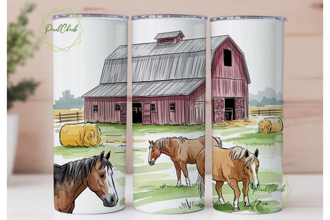 Watercolor Farm Horses 20oz Tumbler Wrap Sublimation PixelChick 