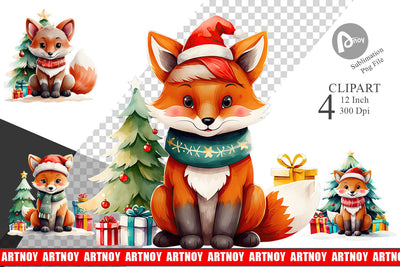 Watercolor Festive Fox Clipart Sublimation artnoy 