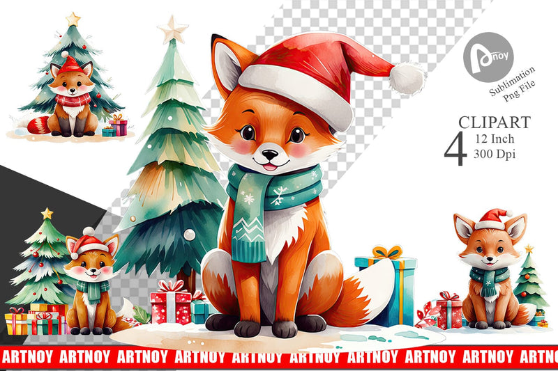 Watercolor Festive Fox Clipart Sublimation artnoy 