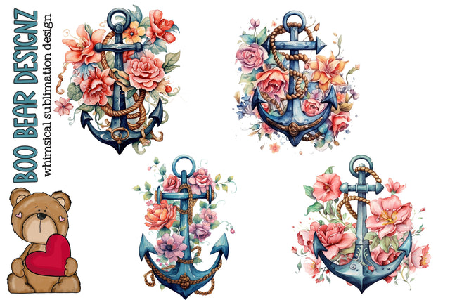 Watercolor Floral Anchor Sublimation Clipart Sublimation Boo Bear Designz 