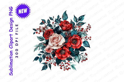 Watercolor Floral Arrangement With Red Roses And Teal Leaves Isolated On Gray Background Sublimation Regulrcrative 