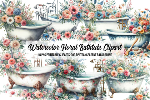 Watercolor Floral Bathtubs Clipart Sublimation Rupkotha 