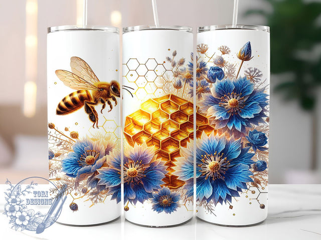 Watercolor Floral Bee Tumbler, Blue Floral Tumbler, Bee Tumbler Wrap, 20oz Skinny Tumbler, Sublimation Tumbler Design, Floral Bee Wrap, Bee Lover Gift Sublimation ToriDesigns 