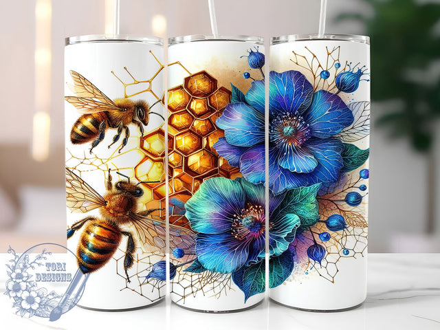 Watercolor Floral Bee Tumbler, Blue Floral Tumbler, Bee Tumbler Wrap, 20oz Skinny Tumbler, Sublimation Tumbler Design, Floral Bee Wrap, Bee Lover Gift Sublimation ToriDesigns 