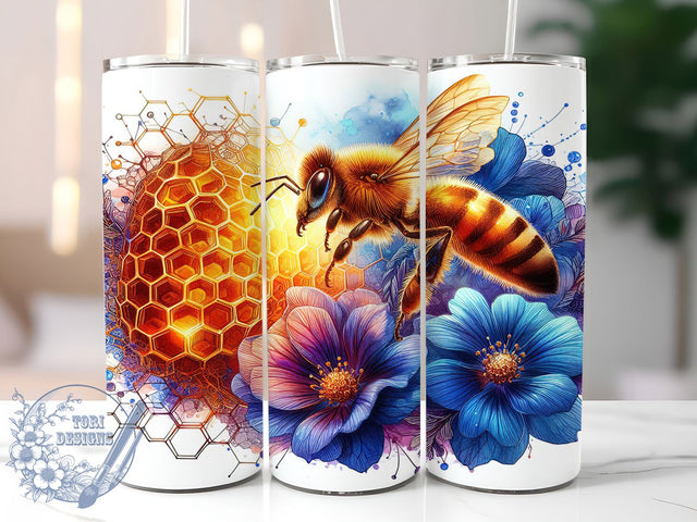 Watercolor Floral Bee Tumbler, Blue Floral Tumbler, Bee Tumbler Wrap, 20oz Skinny Tumbler, Sublimation Tumbler Design, Floral Bee Wrap, Bee Lover Gift Sublimation ToriDesigns 