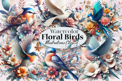 Watercolor Floral Birds Clipart PNG Sublimation SVGArt 