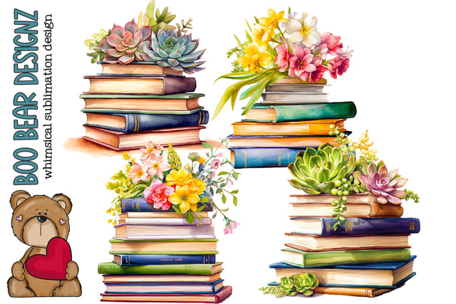 Watercolor Floral Bookworm Clipart Sublimation Boo Bear Designz 