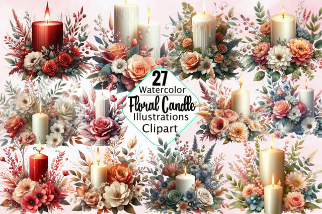 Watercolor Floral Candle Clipart Sublimation SVGArt 