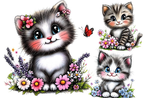 Watercolor Floral Cat Clipart PNG Sublimation SVGArt 