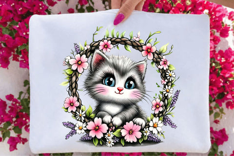 Watercolor Floral Cat Clipart PNG Sublimation SVGArt 