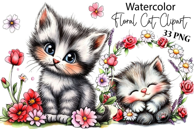 Watercolor Floral Cat Clipart PNG Sublimation SVGArt 
