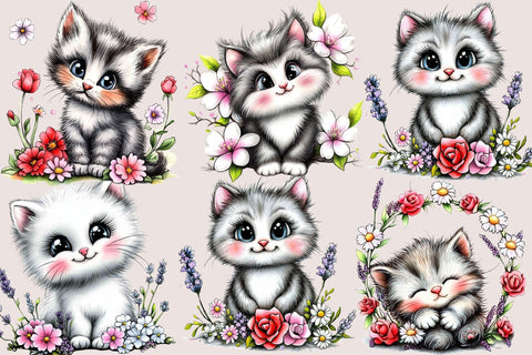 Watercolor Floral Cat Clipart PNG Sublimation SVGArt 