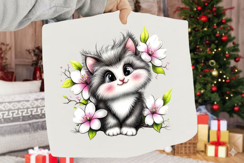 Watercolor Floral Cat Clipart PNG Sublimation SVGArt 