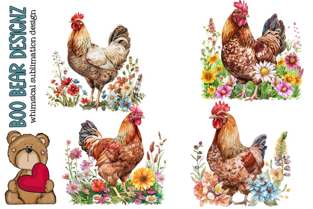 Watercolor Floral Chicken clipart Sublimation Boo Bear Designz 