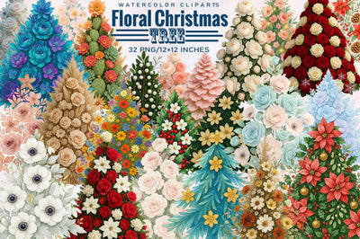 Watercolor Floral Christmas Tree Clipart Bundle. Sublimation SVGArt 