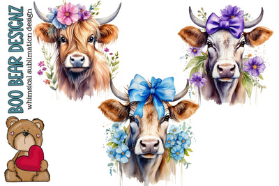 Watercolor Floral Cow Clipart Sublimation Boo Bear Designz 