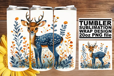 Watercolor Floral Deer Wrap Sublimation 20oz Tumbler Design Sublimation afrosvg 