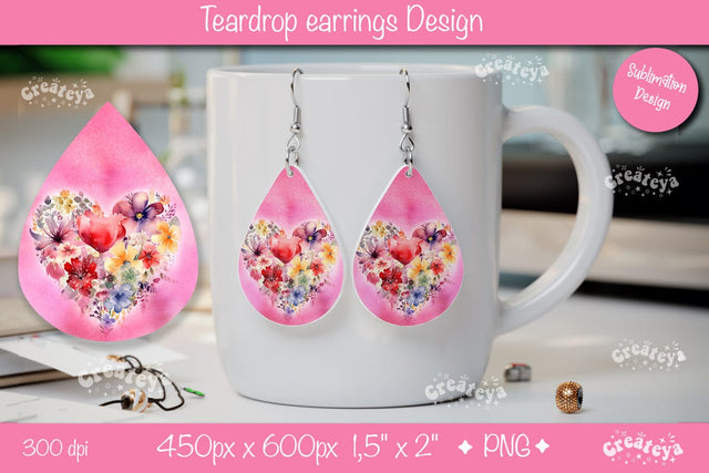 Watercolor Floral Heart Earrings – Teardrop Valentine Sublimation Sublimation Createya Design 
