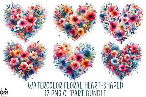 Watercolor Floral Heart-Shaped PNG Clipart Bundle Printable File Sublimation Creativedesigntee 