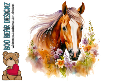 Watercolor Floral Horse Sublimation design Sublimation Boo Bear Designz 