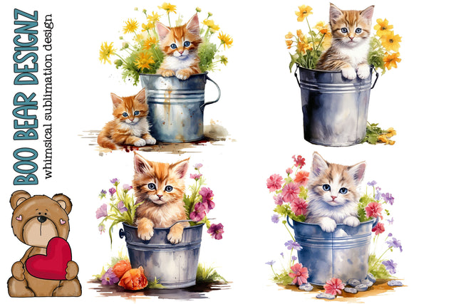 Watercolor Floral Kitten CLipart Sublimation Boo Bear Designz 