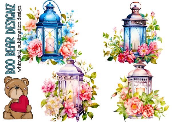 Watercolor Floral Lantern Clipart Sublimation Boo Bear Designz 